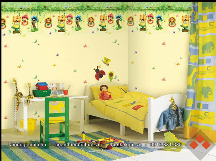 Thiết kế nội thất phòng ngủ cho bé với giấy dán tường sinh động
